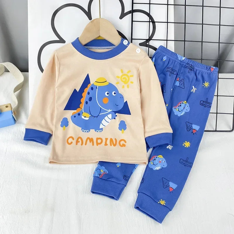 Kids Pajama Set, Cartoon Print Long Sleeve T-Shirt & Pants