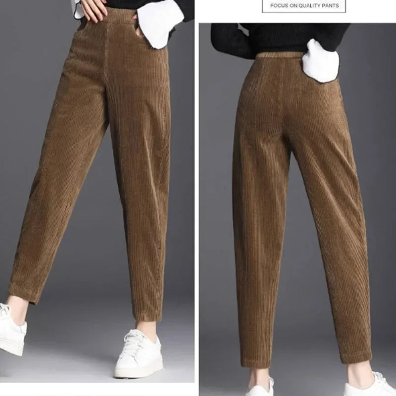 Women’s Corduroy Warm Pants, High Waist Plush Harem Trousers