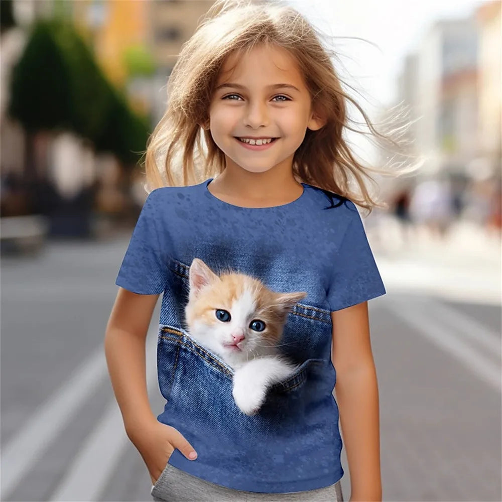 Girl's 3D Cat Print T-Shirt, Short Sleeve Summer Top, Casual Kids Clothing