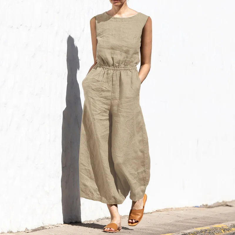 Summer Solid Color High Waist Women’s Casual Jumpsuit, O-Neck, Elegant Holiday Romper