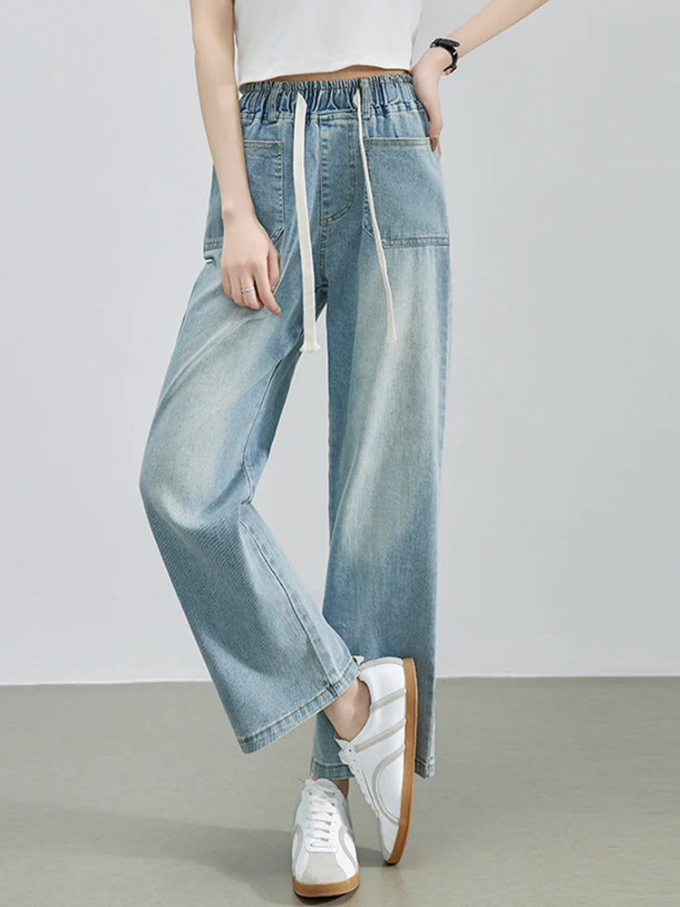 Summer Women’s High Elastic Waist Denim Jeans, Bleached Wide Leg, Streetwear Trousers