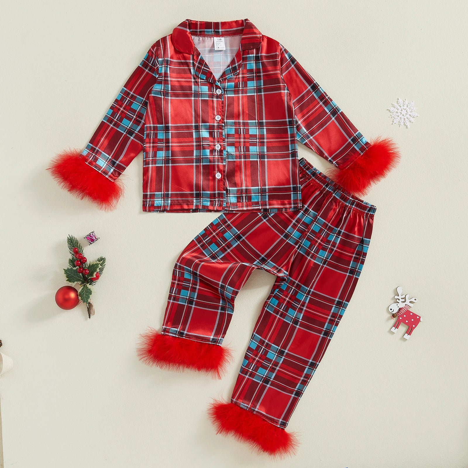 Kids Christmas Pajama Set, Feather Trim Long Sleeve Shirt & Pants (1-9Y)