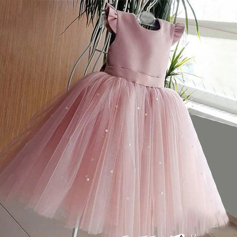 Toddler Girl Flower Tulle Dress, Backless Bow Wedding Gown, Princess Party Dress for Baby Girls