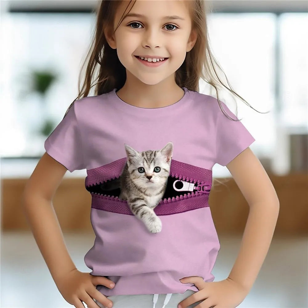 Girl's 3D Cat Print T-Shirt, Short Sleeve Summer Top, Casual Kids Clothing