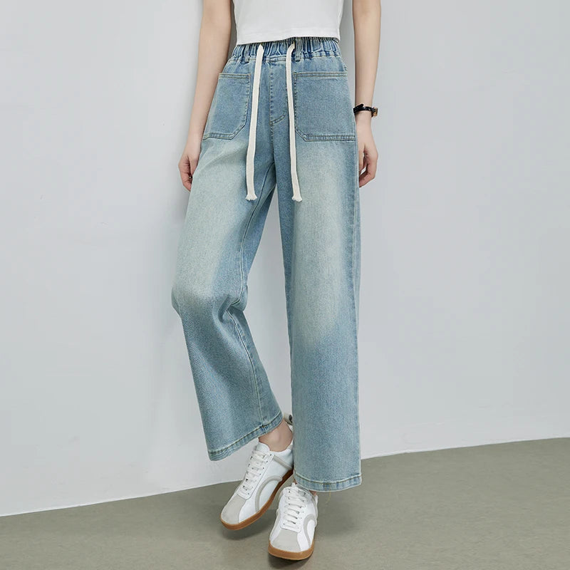 Summer Women’s High Elastic Waist Denim Jeans, Bleached Wide Leg, Streetwear Trousers