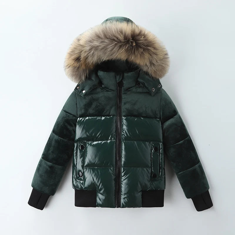 Winter Kids Down Jackets, Fur Hoodie, Waterproof Parka for Boys & Girls