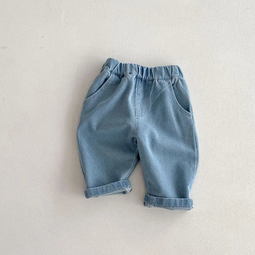 Kids Stripe Denim Jeans, Loose Straight Patchwork Pants (1-5Y)