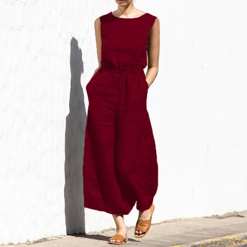 Summer Solid Color High Waist Women’s Casual Jumpsuit, O-Neck, Elegant Holiday Romper