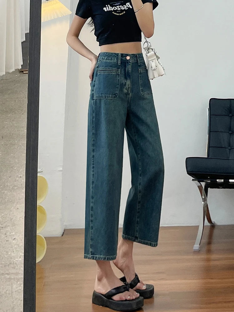 No Stretch Women’s Straight Leg Jeans, High Waist Y2K Denim Cargo Pants