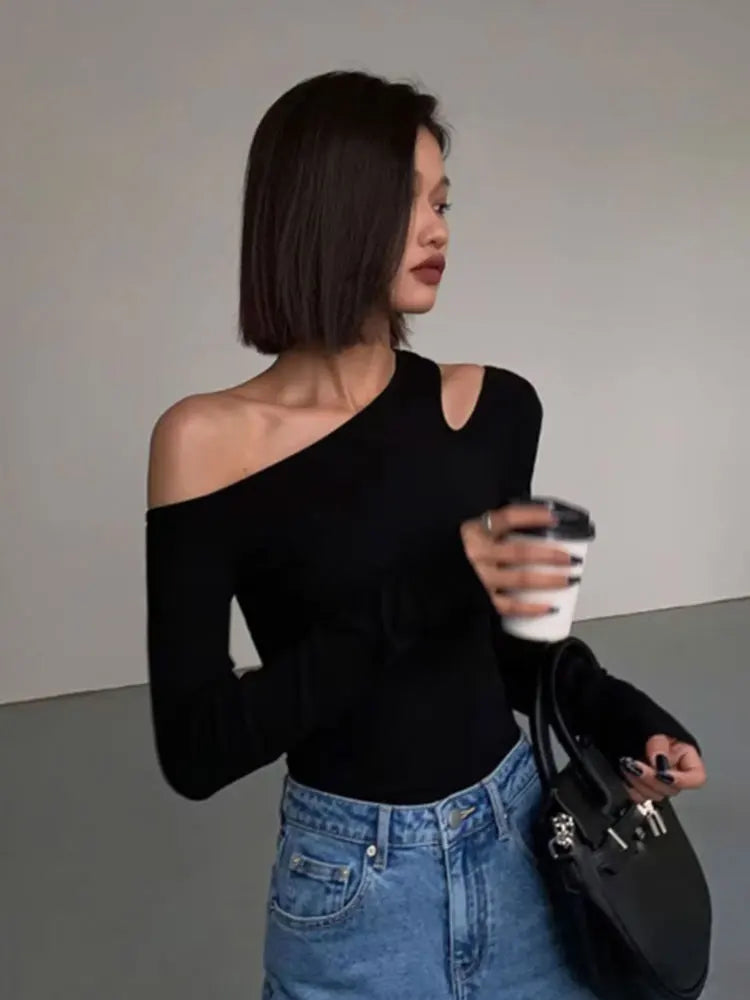 Skew Collar Off-Shoulder T-shirt, Slim Fit Crop Top, Sexy Hollow Out Tee