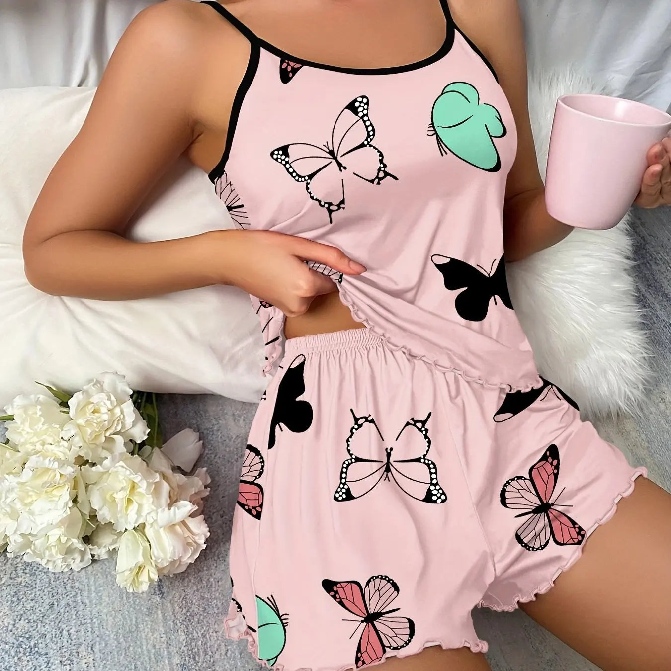 Butterfly Print Pajama Set – Cami Top & Elastic Waist Shorts for Women