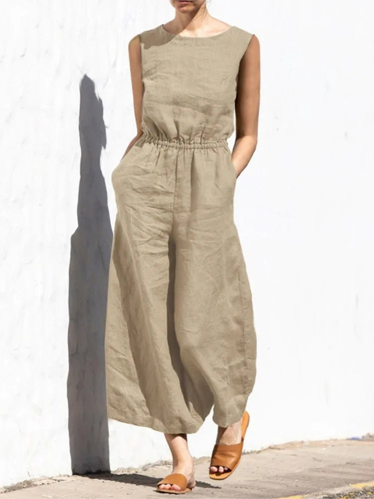 Summer Solid Color High Waist Women’s Casual Jumpsuit, O-Neck, Elegant Holiday Romper