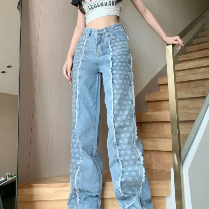 Plaid Splicing Straight Leg Jeans, High-Waisted Loose Pants for Women
