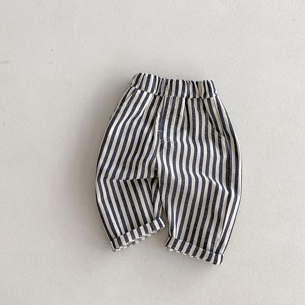 Kids Stripe Denim Jeans, Loose Straight Patchwork Pants (1-5Y)