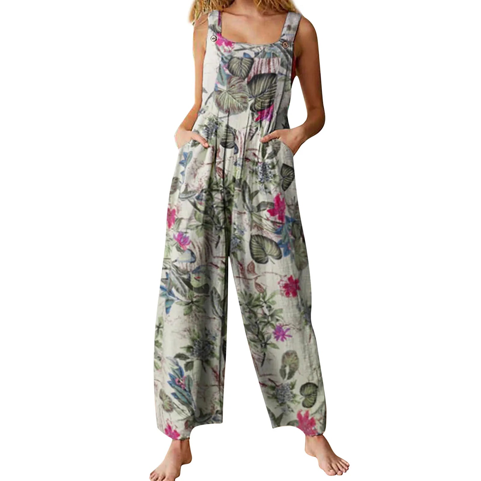Women’s Suspender Jumpsuit, 90s Retro Wide Leg Romper with Pockets