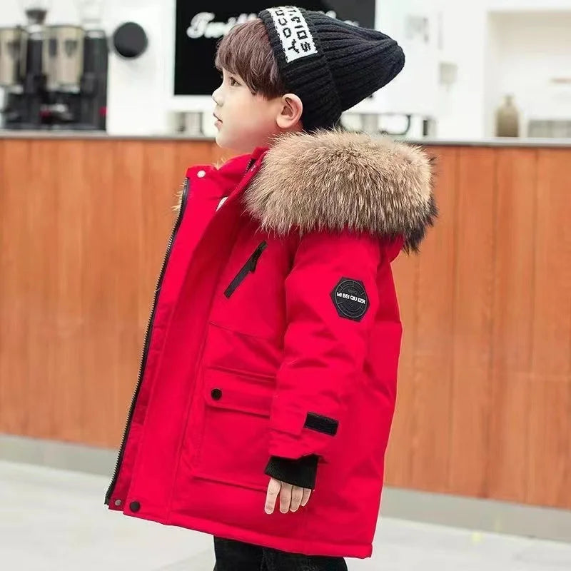 Boys Cotton Down Coats, Winter Hooded Jackets, Large Fur Collar, Casual Parkas