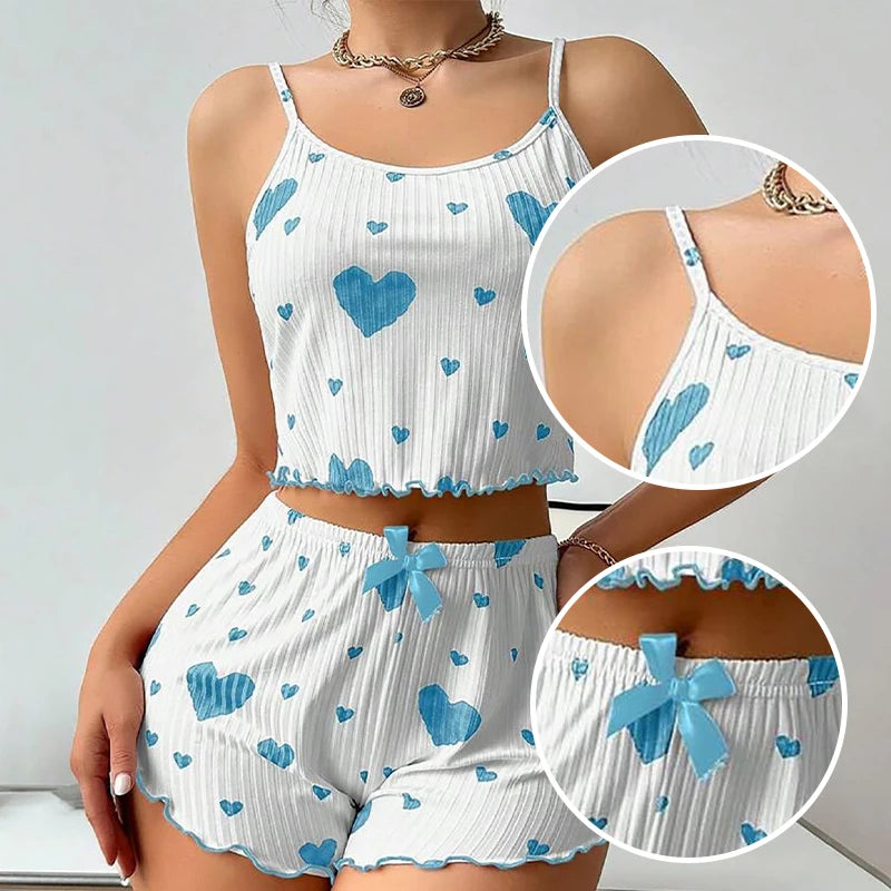 Women’s 2-Piece Pajama Set, Tank Top & Shorts, Soft Casual Sleepwear with Love Print