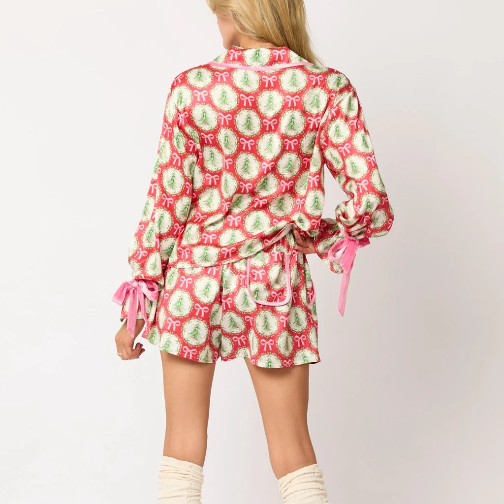 Women’s Christmas Pajama Set, Santa/Tree Print Button-Up Top & Shorts