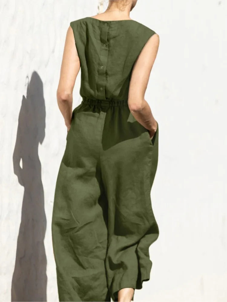 Summer Solid Color High Waist Women’s Casual Jumpsuit, O-Neck, Elegant Holiday Romper