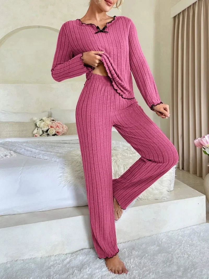 Women’s Autumn Winter Ribbed Pajama Set – Long Sleeve Top & Pants