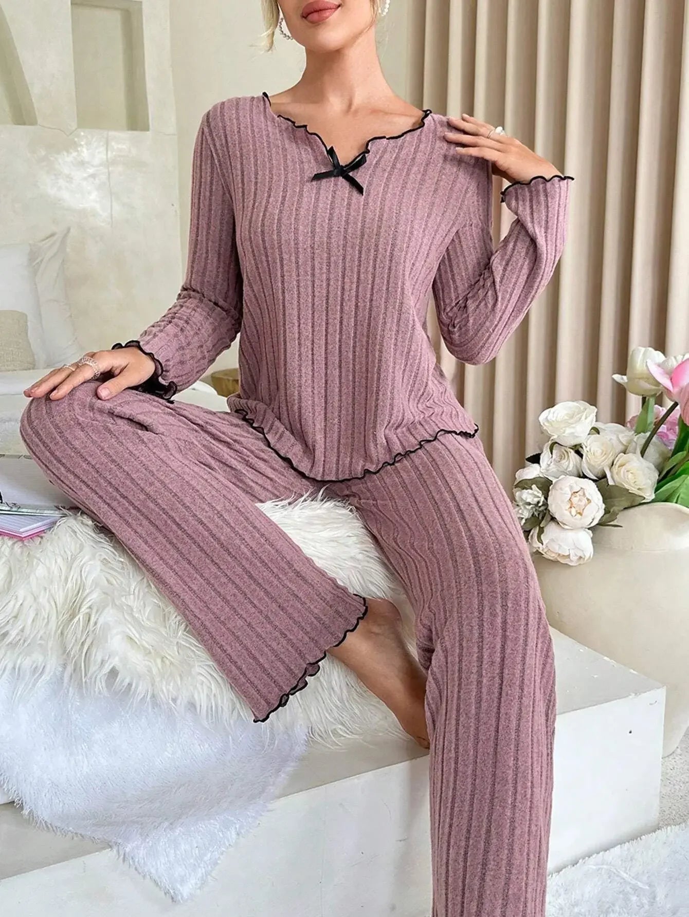 Women’s Autumn Winter Ribbed Pajama Set – Long Sleeve Top & Pants