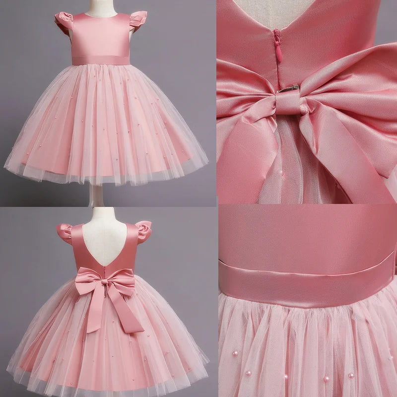 Toddler Girl Flower Tulle Dress, Backless Bow Wedding Gown, Princess Party Dress for Baby Girls