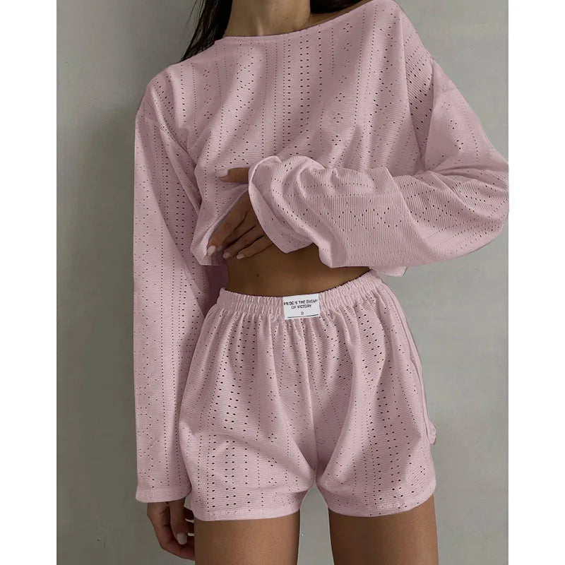 Women’s Spring Pajama Set – Long Sleeve Top & Shorts, Loose Round Neck Sleepwear