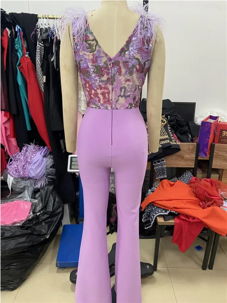 Women’s Sleeveless Sequins & Feathers Bodycon Bandage Jumpsuit, Elegant Evening Party Wear