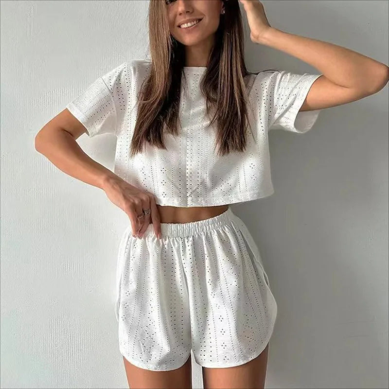 Women’s Spring Pajama Set – Long Sleeve Top & Shorts, Loose Round Neck Sleepwear