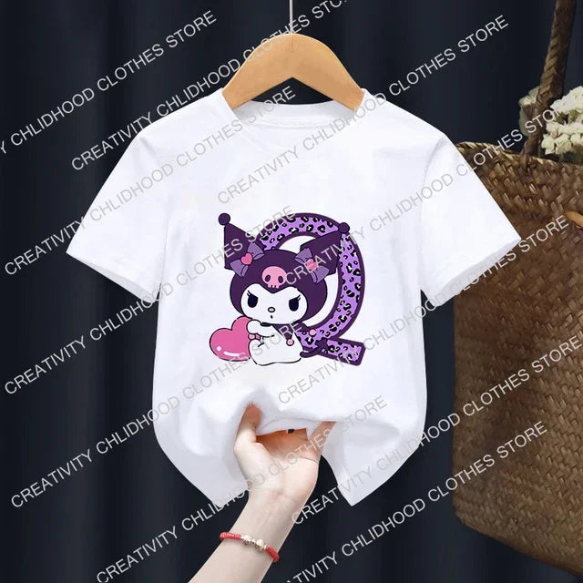 Children’s Cartoon T-Shirt, Letter A-D Anime Kawaii Top, Casual Short Sleeve