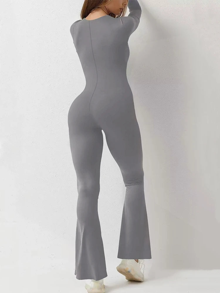 Women’s Wide Leg Yoga Bodysuit, One-Piece Gym Fitness Jumpsuit, Long Sleeve, Plus Size