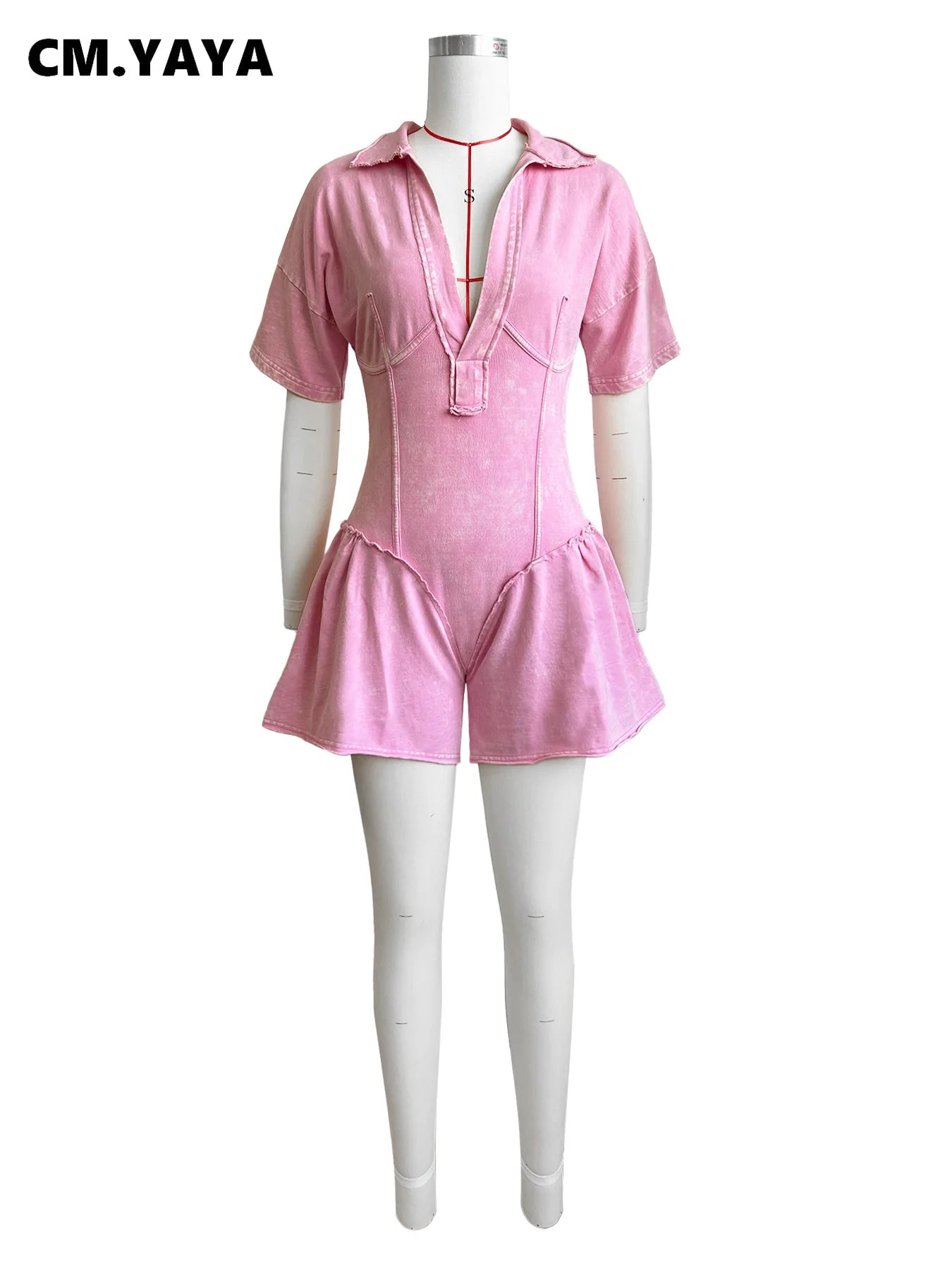 Women’s Short Sleeve V-Neck Ruched High Waist Flare Jumpsuit, Streetwear One-Piece Romper