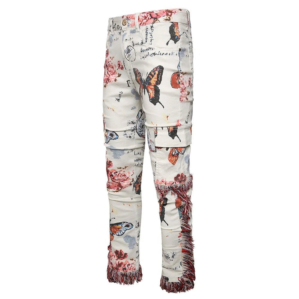 Butterfly Flower Print Tassel Jeans | Slim Fit Cargo Pants with Multi Pockets
