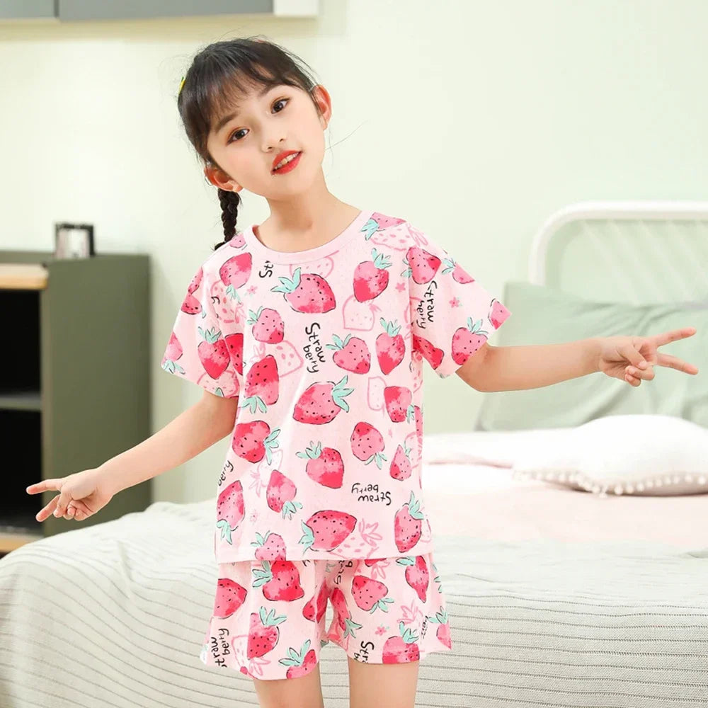 2-10 Years Kids PJs, Cotton Summer Pajama Set for Boys & Girls, Short Sleeves Sleepwear