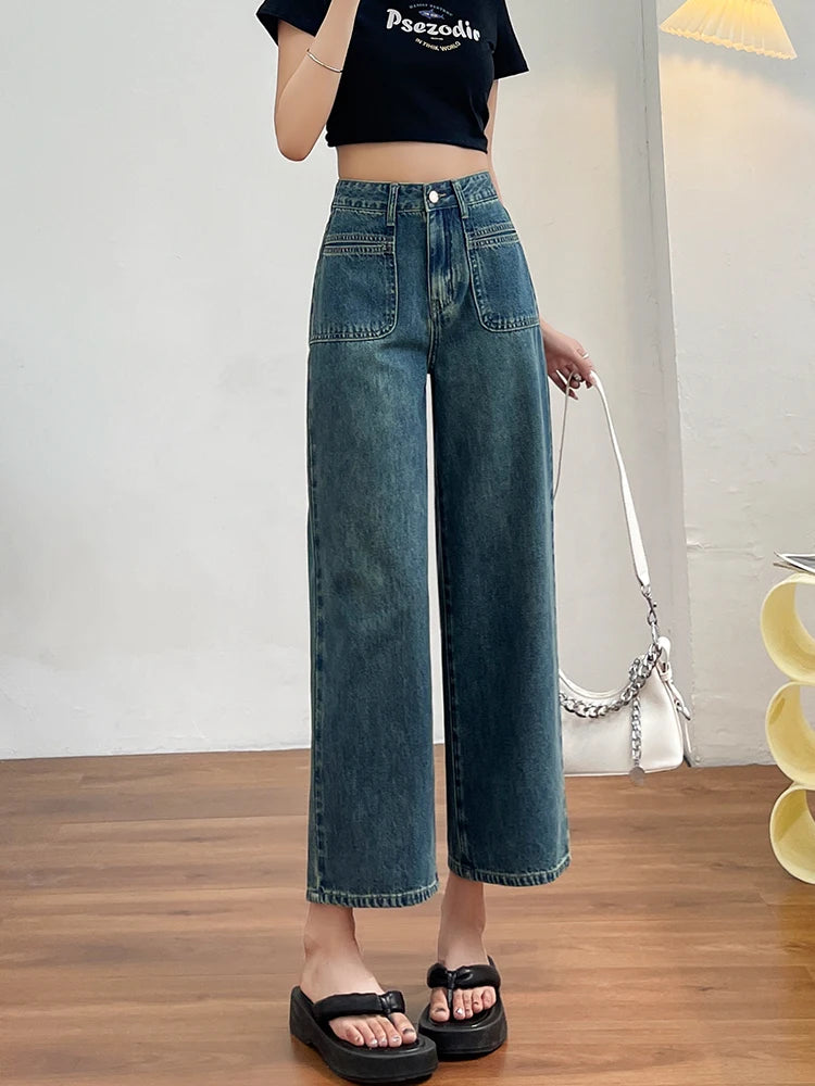 No Stretch Women’s Straight Leg Jeans, High Waist Y2K Denim Cargo Pants