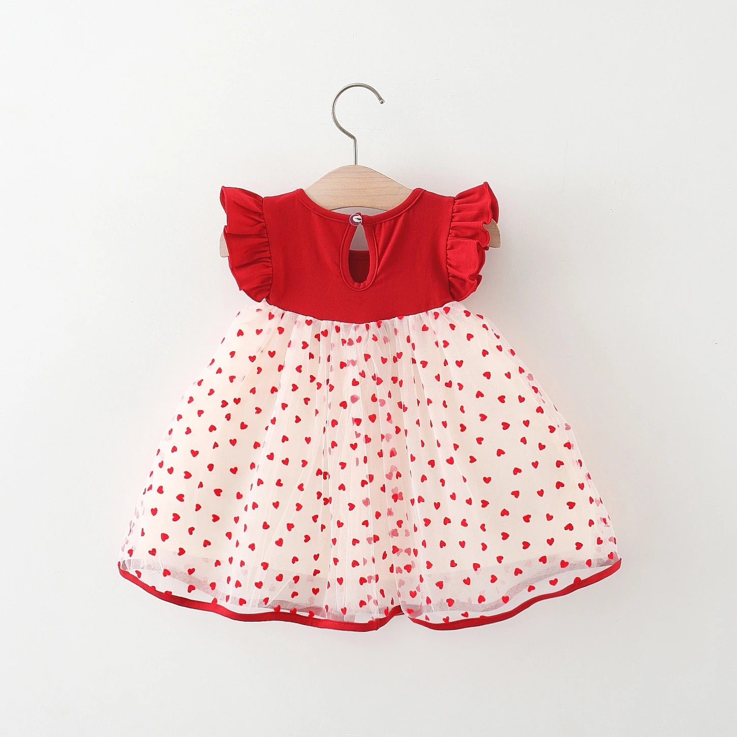 Baby Girl Red Heart Embroidered Mesh Bow Tutu Dress, Birthday Party Clothes