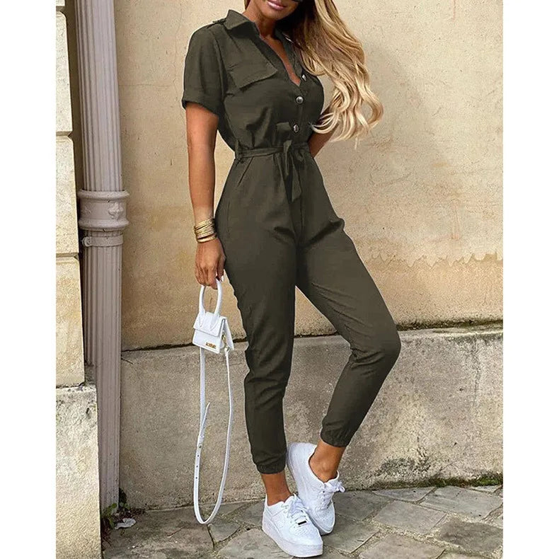Women’s Monochromatic Belt Jumpsuit, Casual Pants, Flip Collar, Buckle, Summer