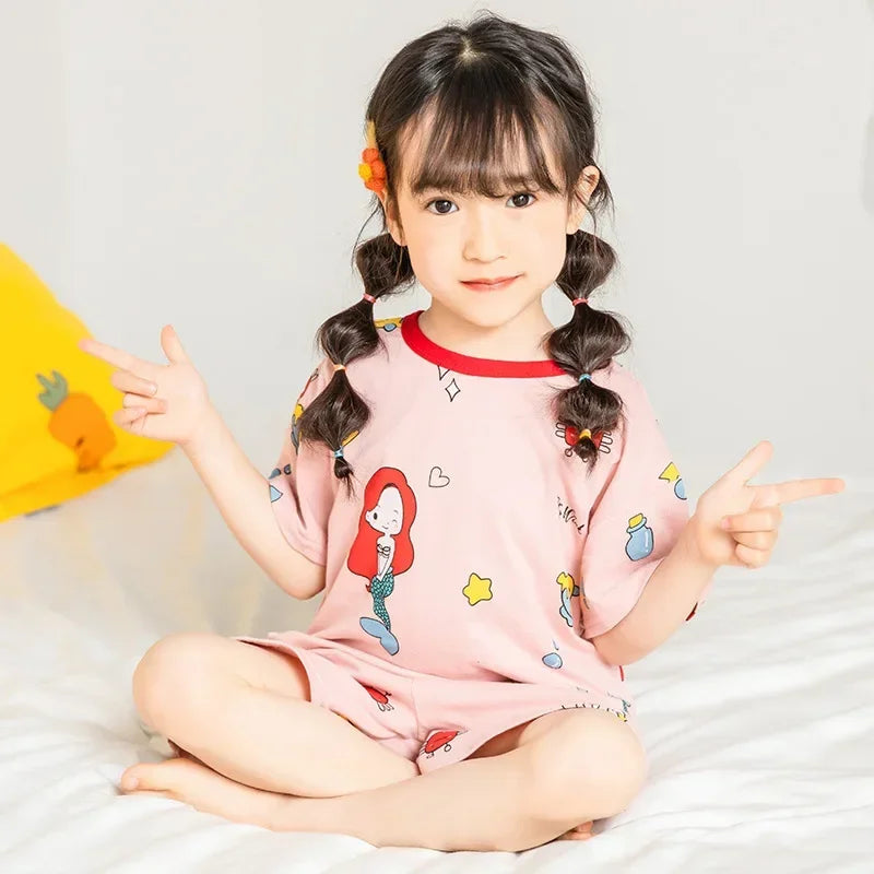 2-10 Years Kids PJs, Cotton Summer Pajama Set for Boys & Girls, Short Sleeves Sleepwear