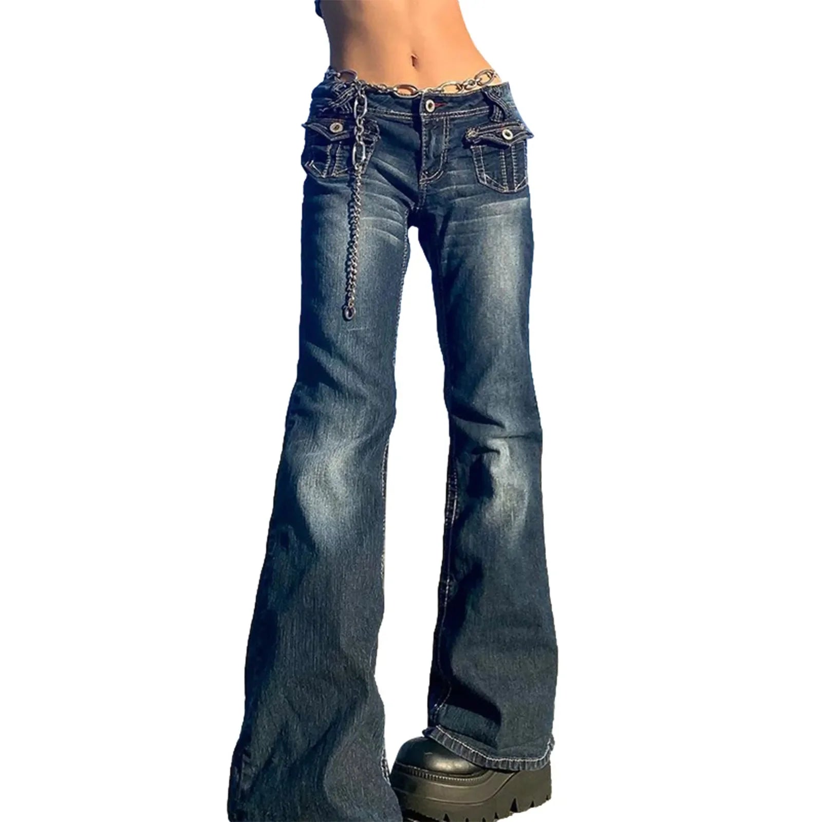 Y2K Flare Low Rise Jeans, Baggy Denim Bell Bottoms for Girls