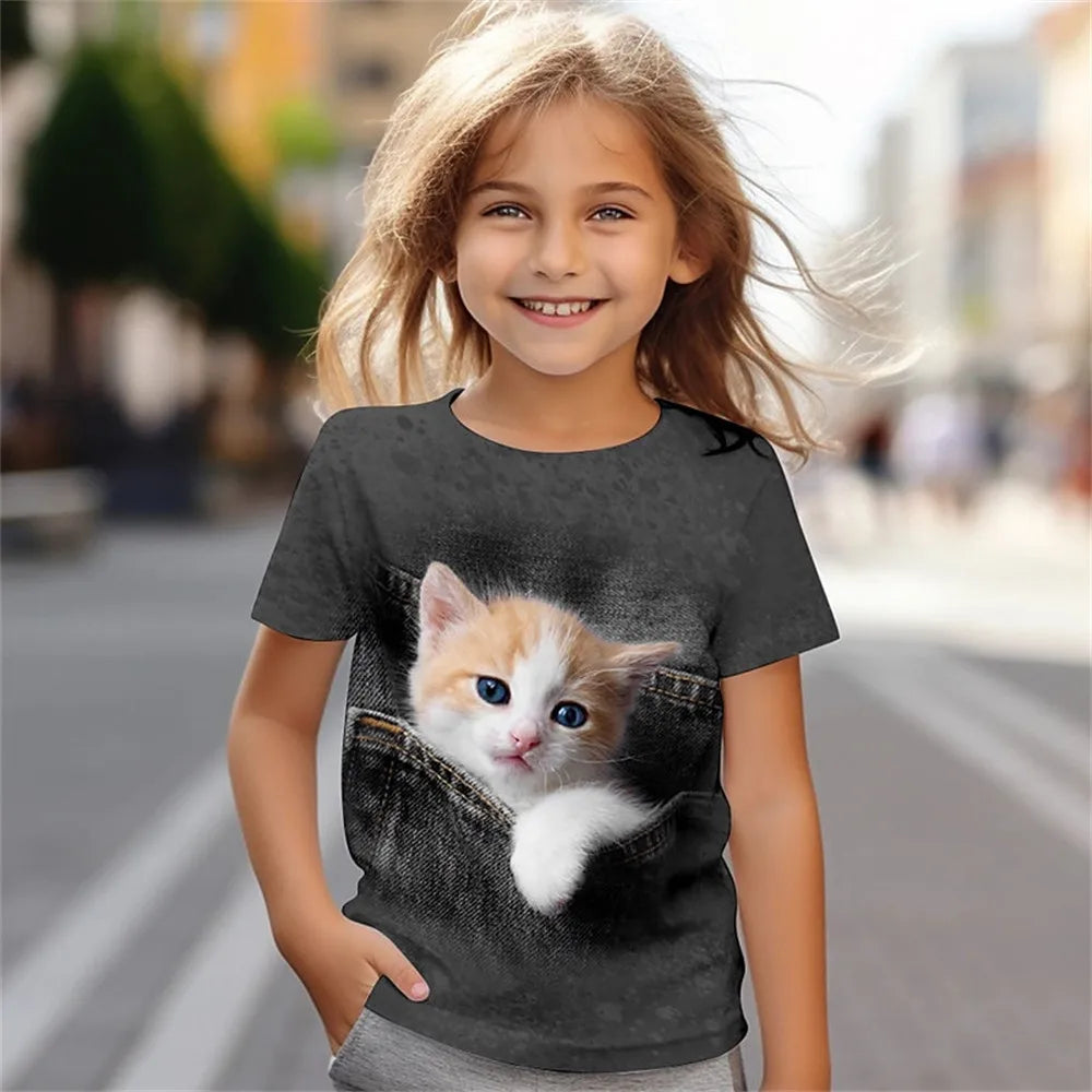 Girl's 3D Cat Print T-Shirt, Short Sleeve Summer Top, Casual Kids Clothing