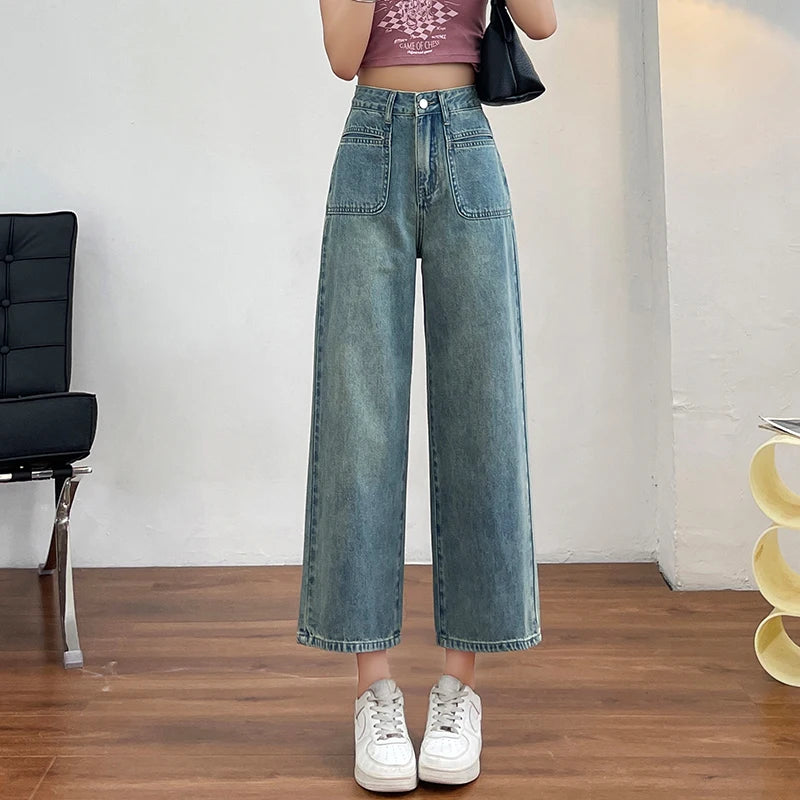No Stretch Women’s Straight Leg Jeans, High Waist Y2K Denim Cargo Pants