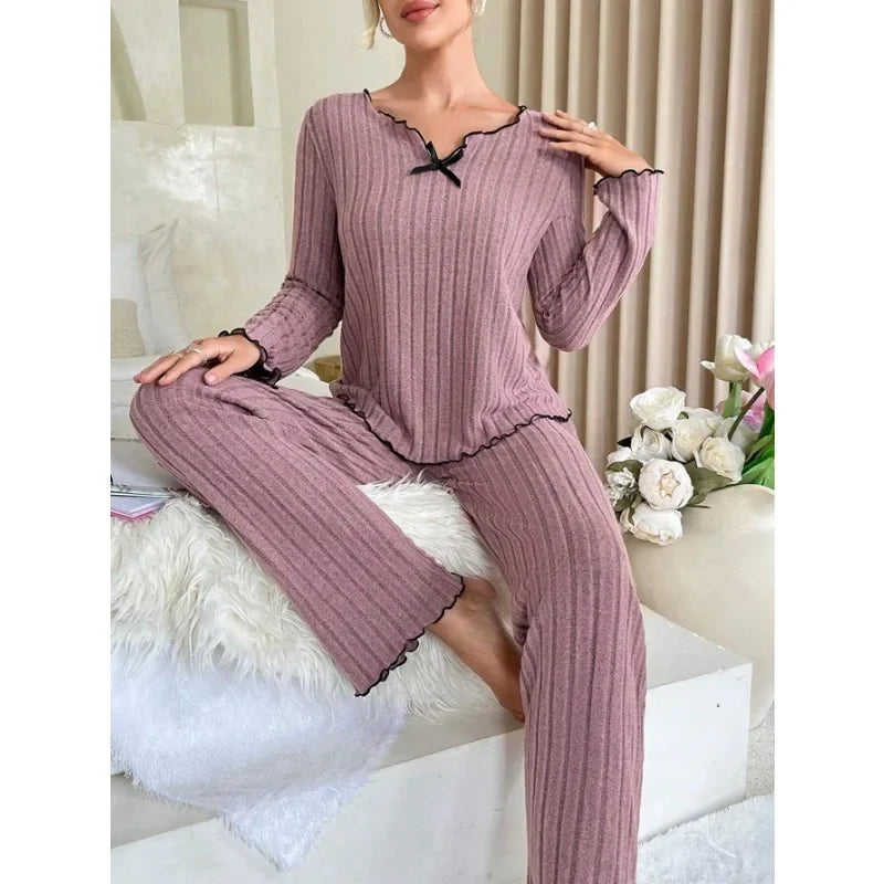 Women’s Autumn Winter Ribbed Pajama Set – Long Sleeve Top & Pants