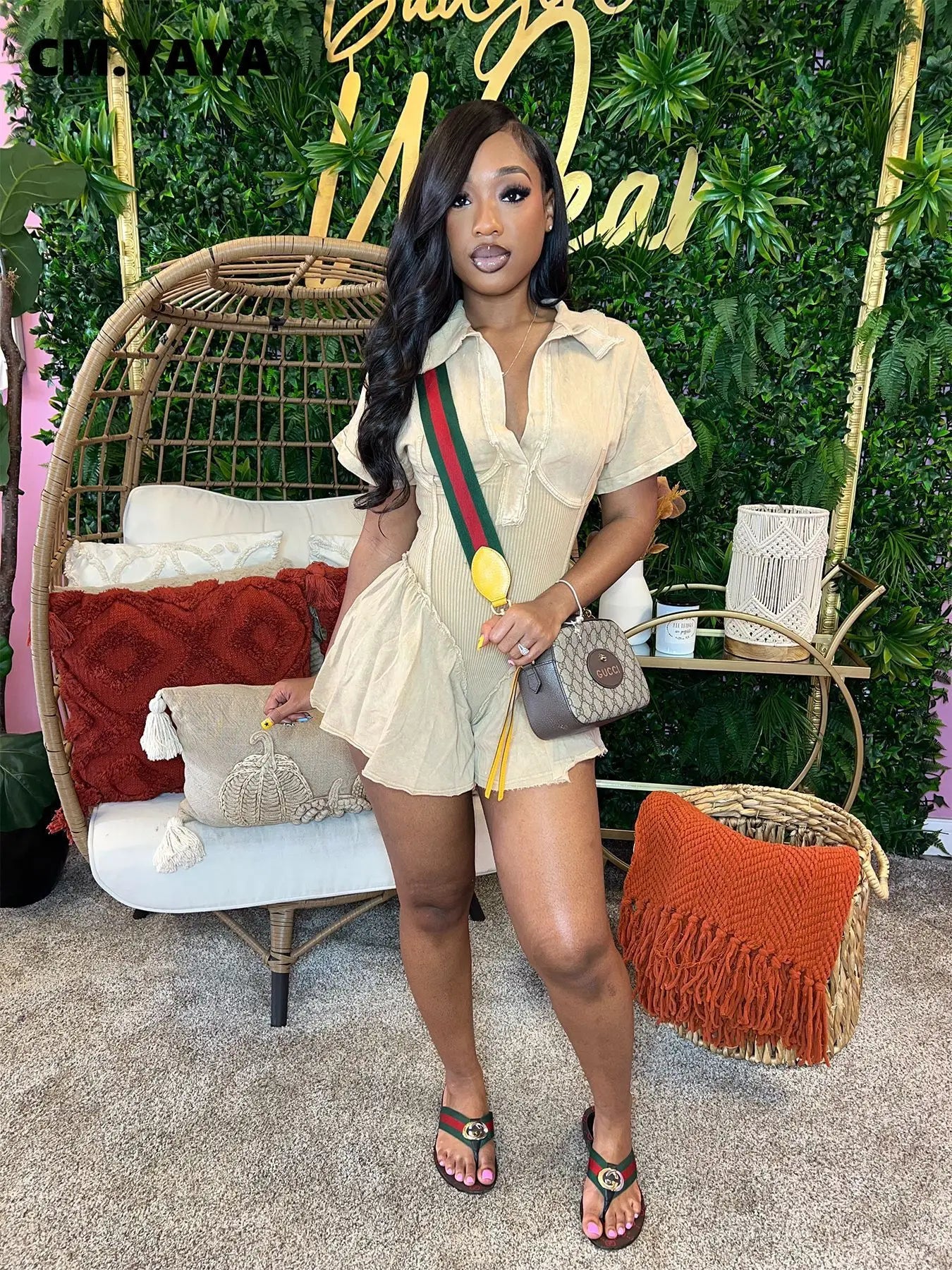 Women’s Short Sleeve V-Neck Ruched High Waist Flare Jumpsuit, Streetwear One-Piece Romper