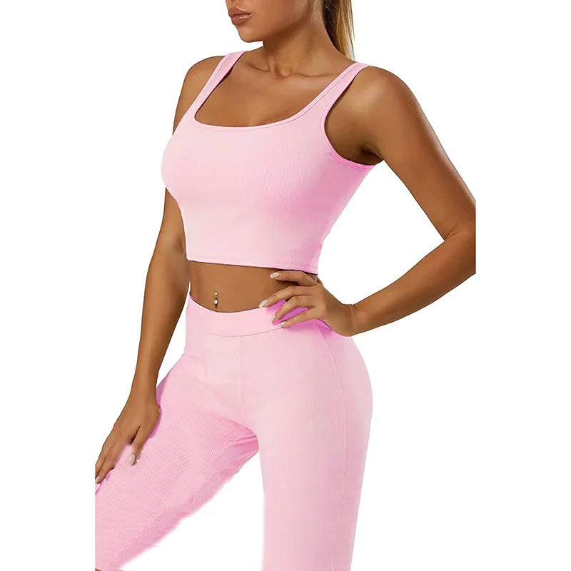 Women’s Casual Workout Set, Ribbed Crop Tank & High Waist Yoga Leggings