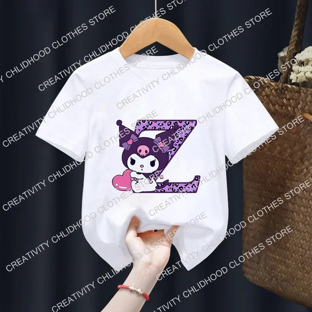 Children’s Cartoon T-Shirt, Letter A-D Anime Kawaii Top, Casual Short Sleeve