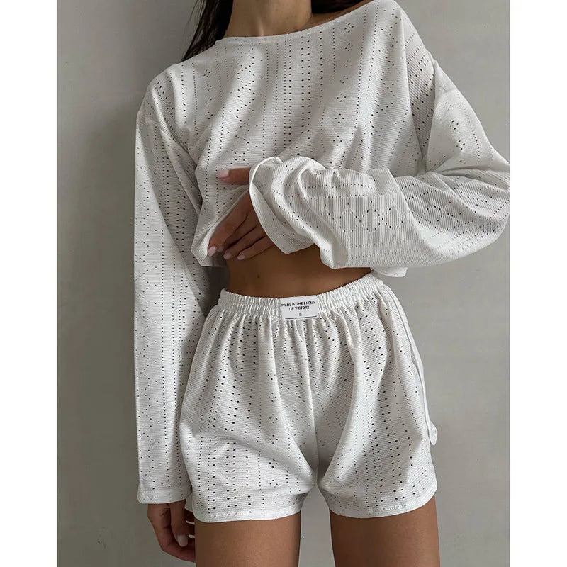 Women’s Spring Pajama Set – Long Sleeve Top & Shorts, Loose Round Neck Sleepwear