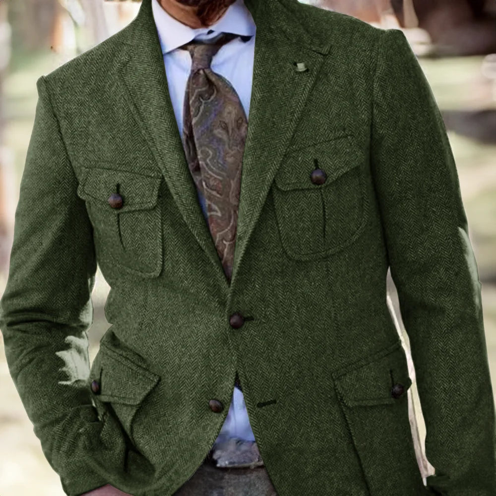 Men's Retro Herringbone Blazer Formal Wool Steampunk Jacket for Office Wear