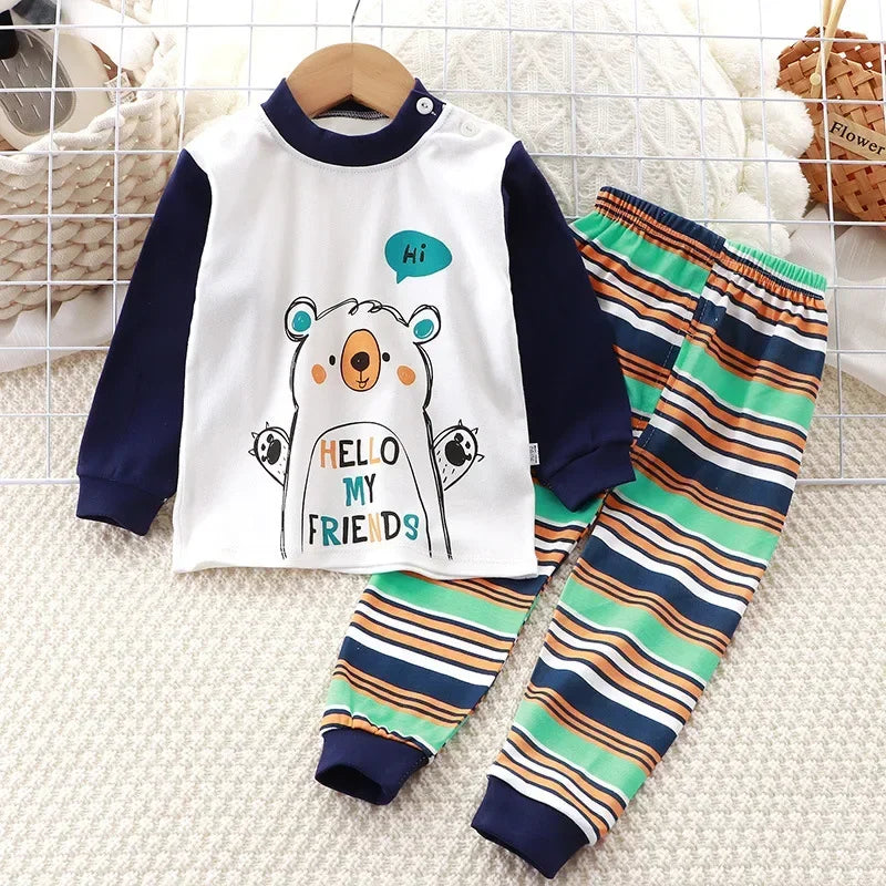 Kids Pajama Set, Cartoon Print Long Sleeve T-Shirt & Pants