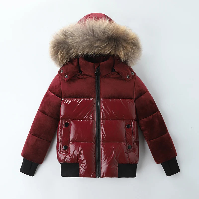 Winter Kids Down Jackets, Fur Hoodie, Waterproof Parka for Boys & Girls