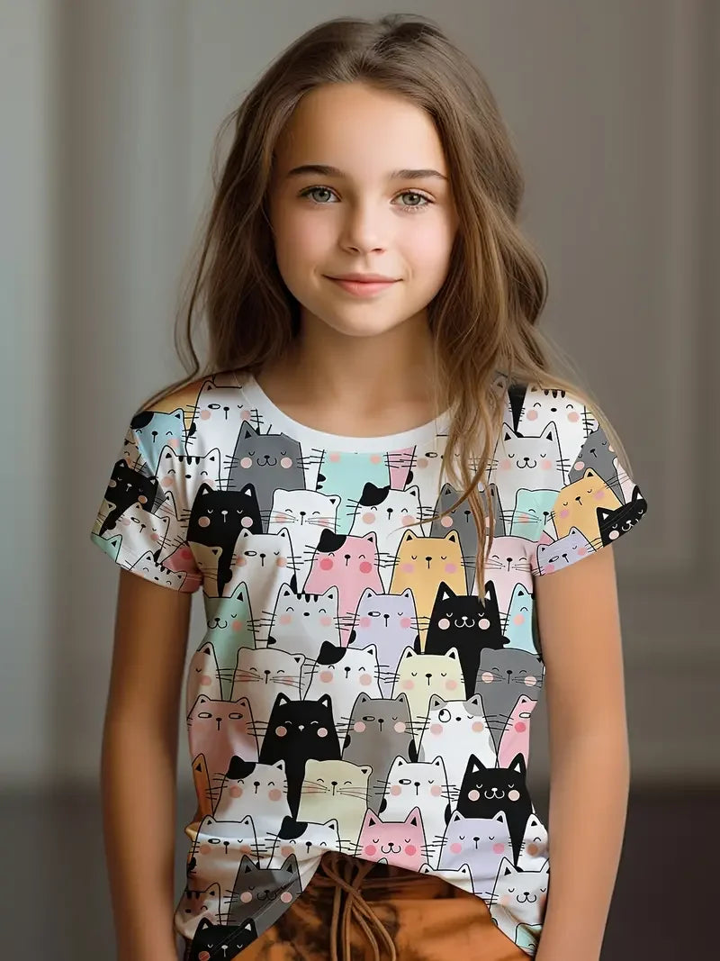 Kids T-Shirt, Cartoon Cat Kawaii Short Sleeve Top, Girls Summer Clothes